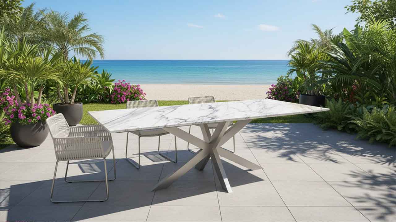 Gartentisch Lumu wetterfest mit weiser Granitlatte und Edelstahl online nach Mass konfigurieren