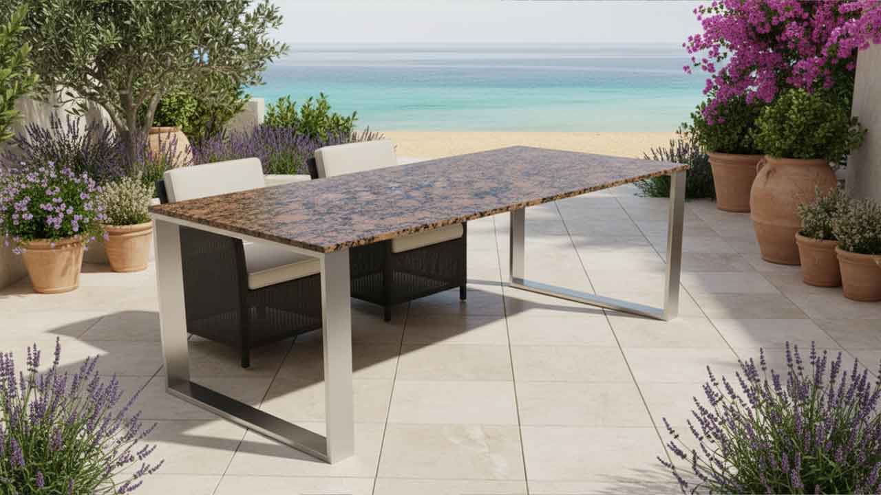 Gartentisch Pura Batik Braun – Naturstein in warmem Braun mit Anthrazit-Maserung, winterhart und pflegeleicht für die Terrasse.