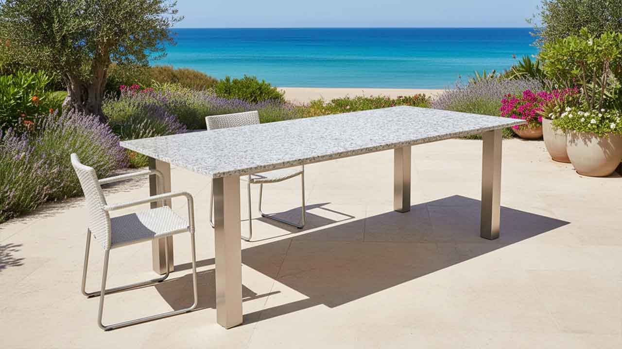Wetterharter Gartentisch Xenos mit weiser Granitplatte mass nach Wunsch online konfigurieren 