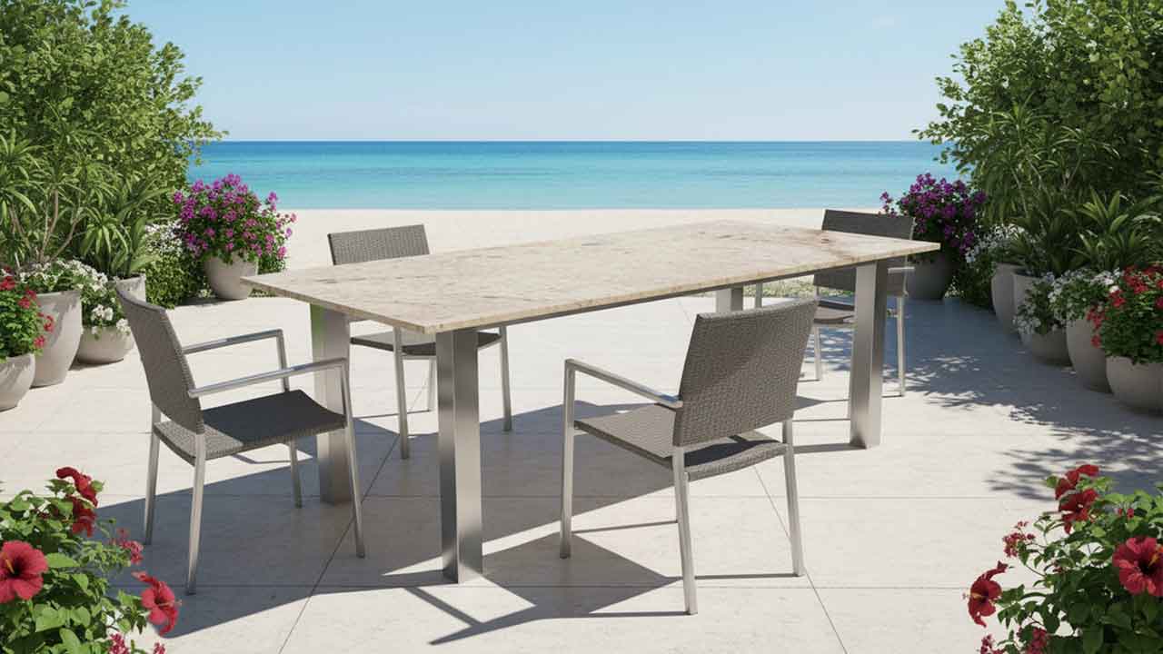 Gartentisch Xenos mit wetterharter Granitplatte in  beige. mass nach Wunsch online konfigurieren