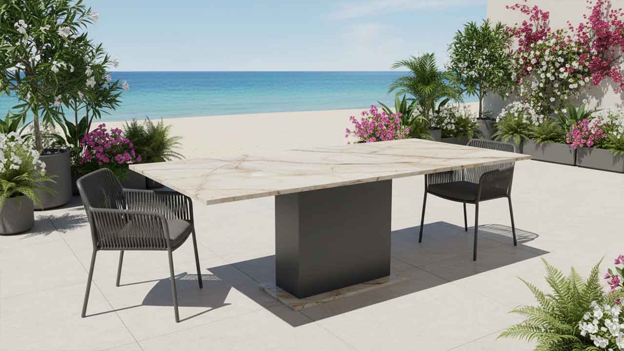 Luxus Gartentisch Taj Mahal – Creme Quarzit mit leicht brauner Bänderung, frostsicher und nach Maß.