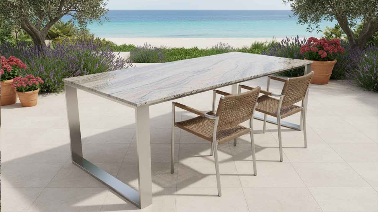 Gartentisch Pura Juparana Colombo – Wetterfester Granit in Grau-Braun mit anthrazitfarbener Banderungen, online nach Maß konfigurieren.