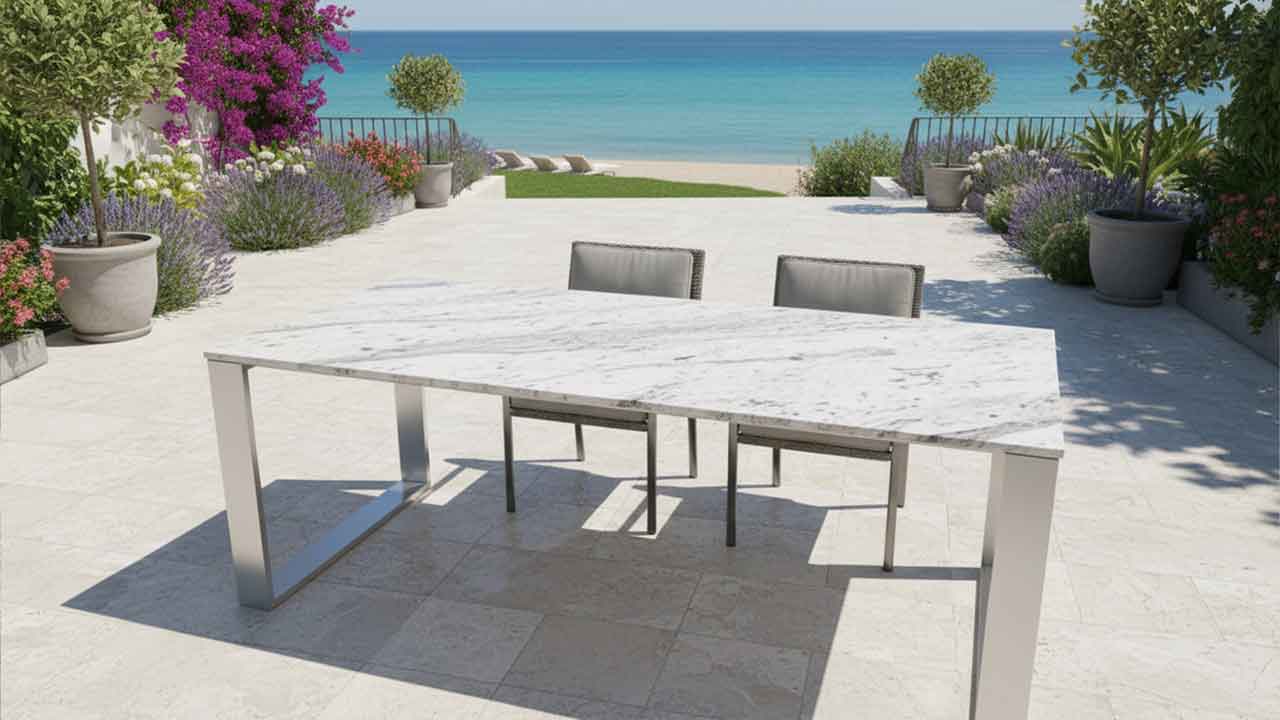 Gartentisch Pura Sirius White – Weiß-grauer Naturstein mit anthrazitfarbener Bänderung, winterhart und individuell konfigurierbar.