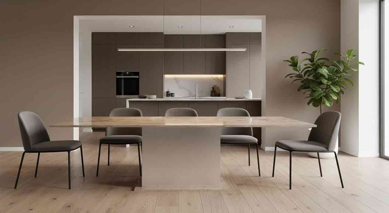Esstisch Kitts mit Edelstahlsockel und Ivory Cream
