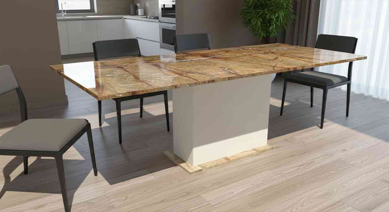 Kitts mit Säulensockel in cremebeige Tischplatte in Rainforest brown