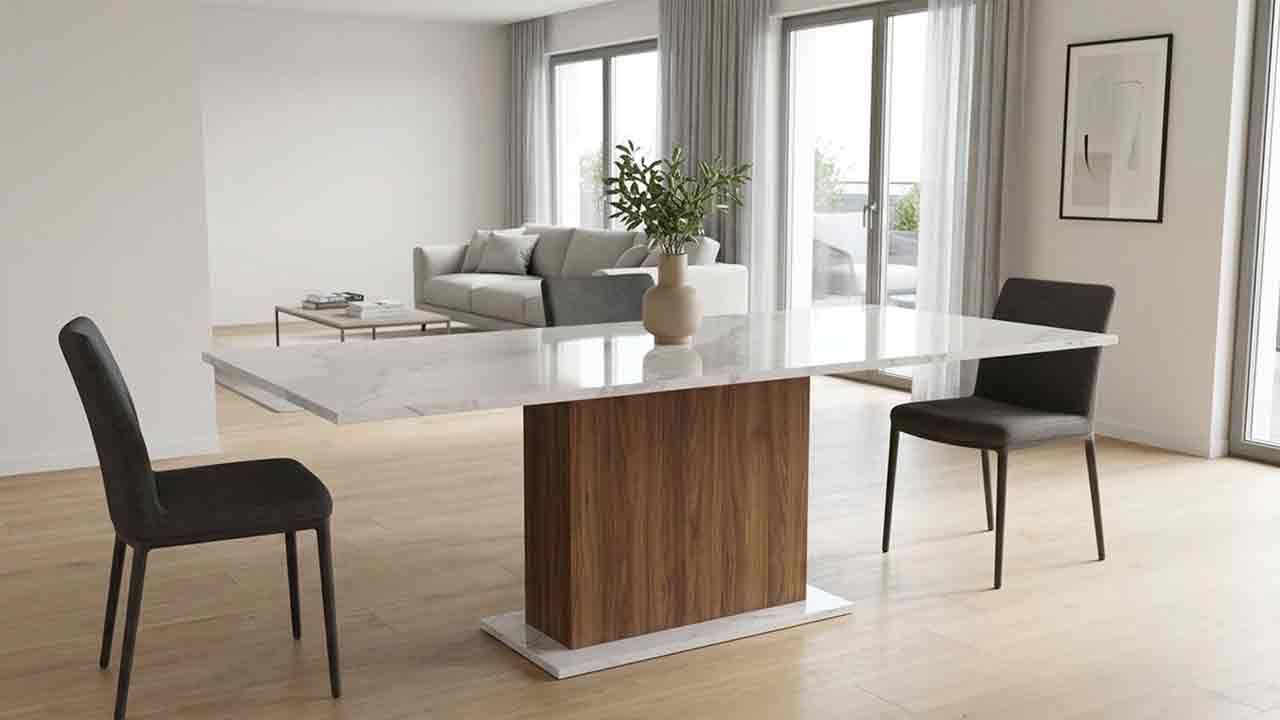 Esstisch Kitts mit weider Dekton Keraik Platte und dunklem Nussbaum Sockel online konfigurieren