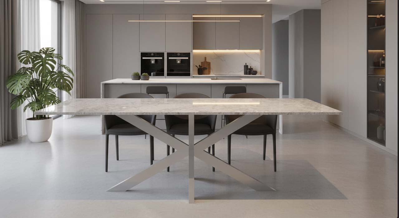 Lumu nach Mass mit heller Tischplatte un grauem Sockel online konfigurieren