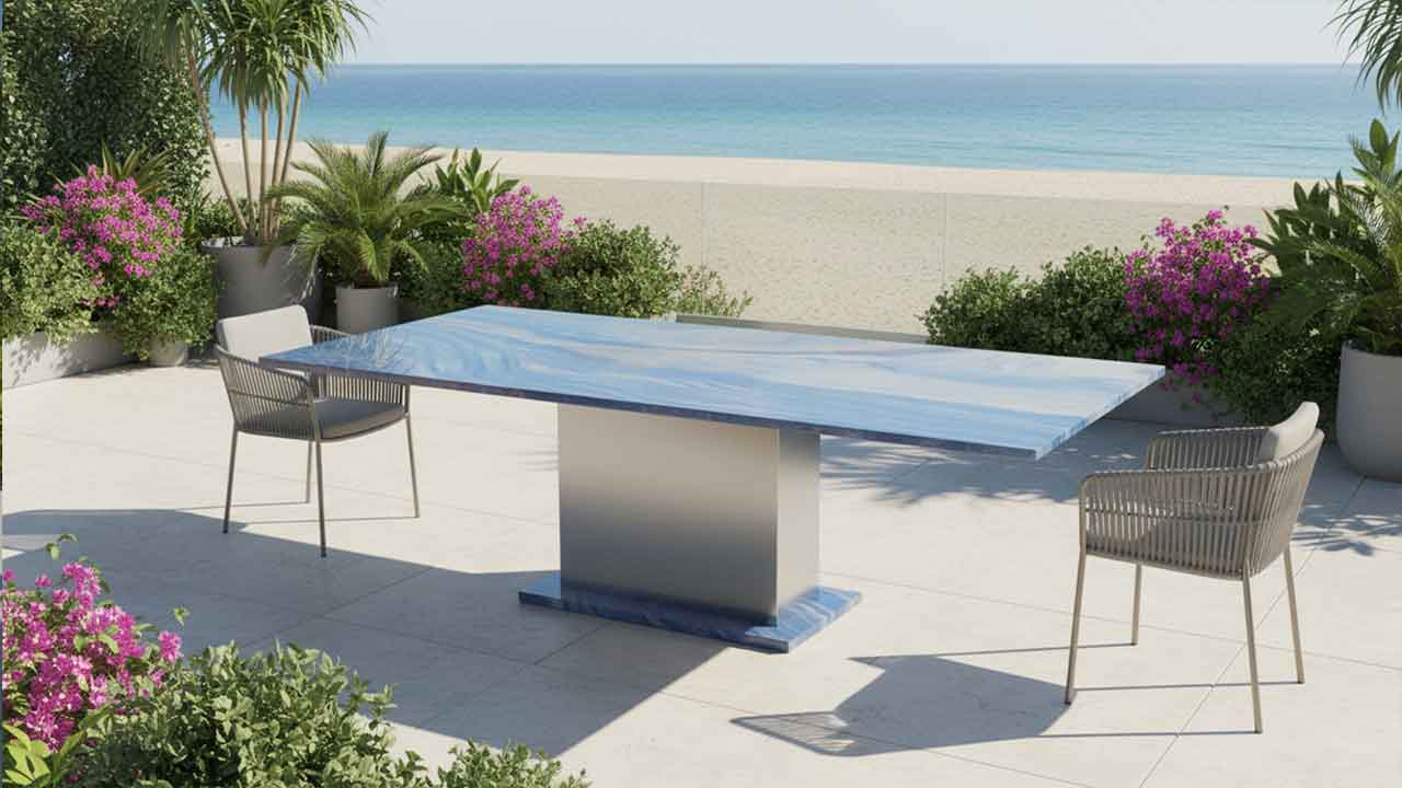 Luxus Gartentisch Azul do Macaubas - Seltener blauer Quarzit mit edler Maserung, wetterfest und winterhart nach Maß.