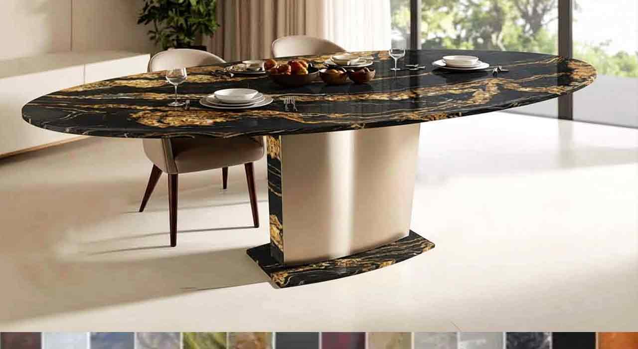 Ovaler Esstisch Novalis: Edle Handarbeit, individuell konfigurierbar aus über 40 handverlesenen Naturstein-Sorten.