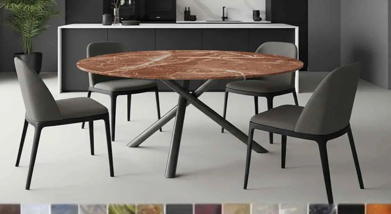 Runder Tisch Mikado: Modernes Gestell, handgefertigt und konfigurierbar in über 40 Marmor- und Granitfarben.