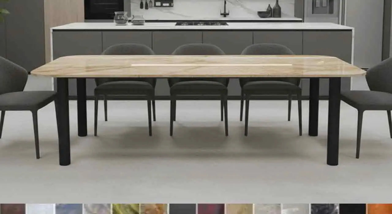 Keara Marmortisch mit Rundkante: Handgefertigte Maßarbeit, online konfigurierbar aus einer Auswahl von 40 Natursteinen.