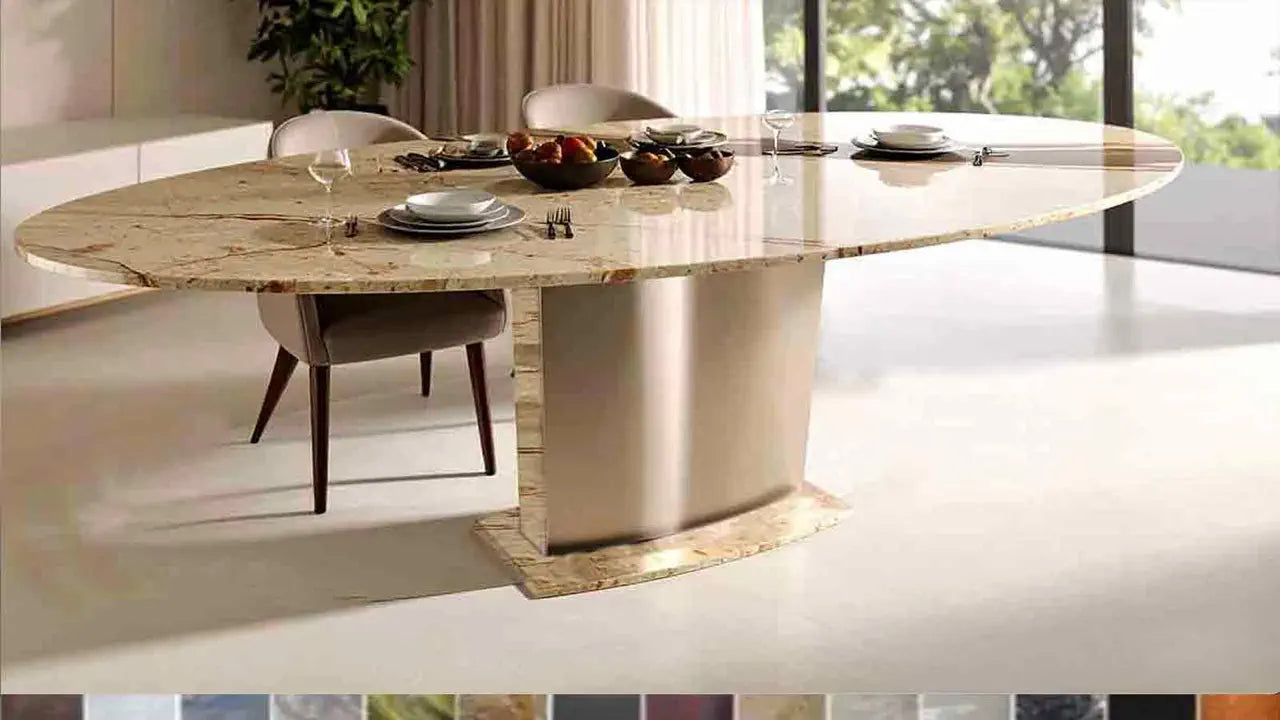 Ovaler Esstisch Novalis: Edle Handarbeit, individuell konfigurierbar aus über 40 handverlesenen Naturstein-Sorten.