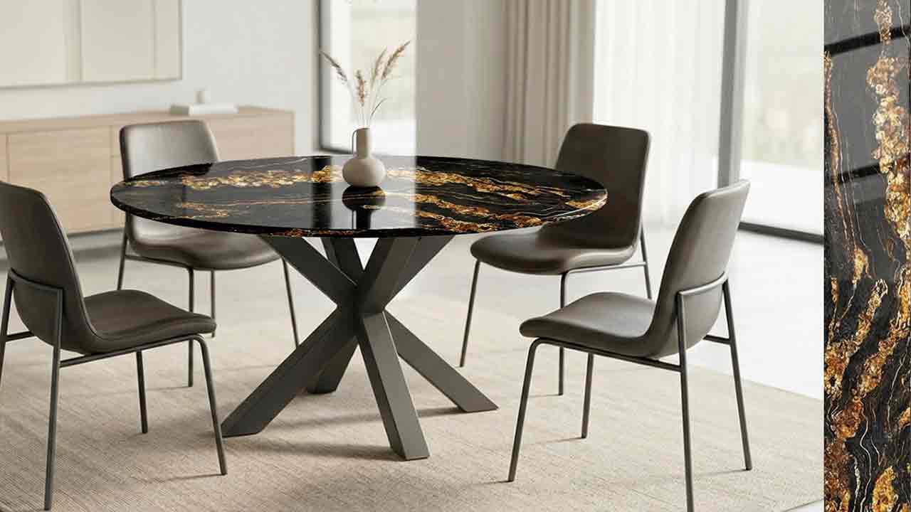 runder Esstisch mit schwarzer Steinplatte Granit Magna Black Gold online konfigurieren