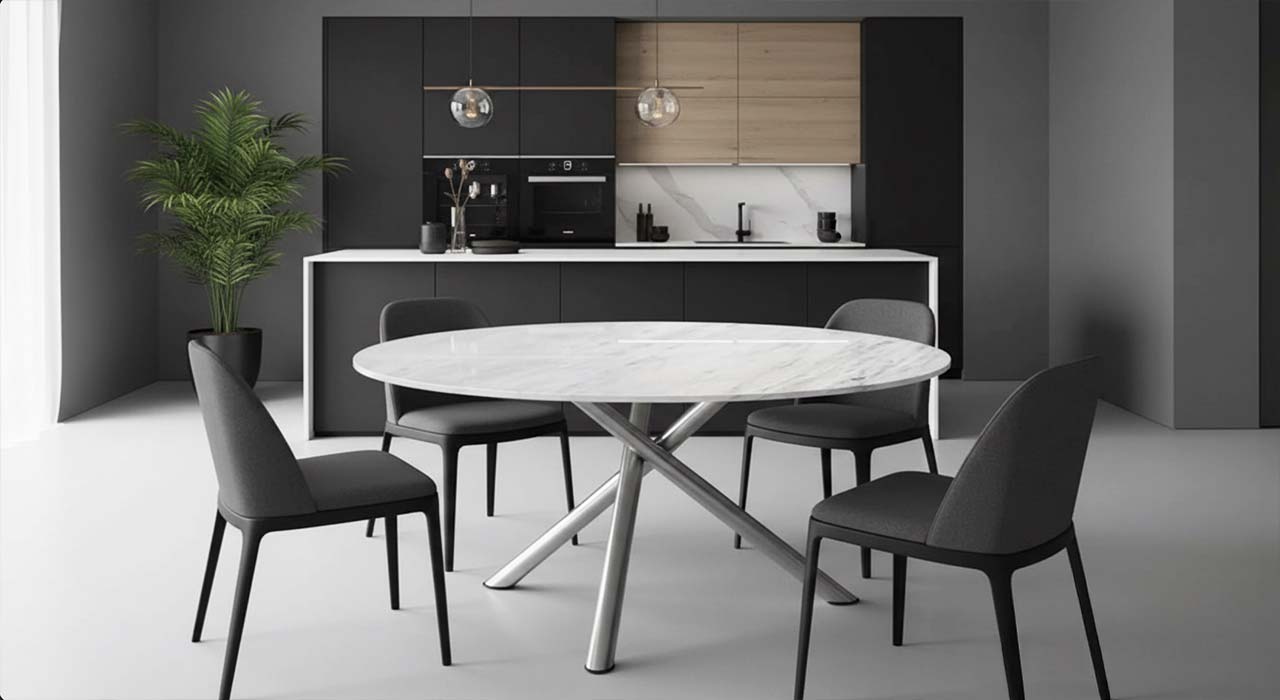 Runder esstisch Mikado mit weiser Marmorplatte vom Fachmann mit mehr als 20 Jahren Erfahrung