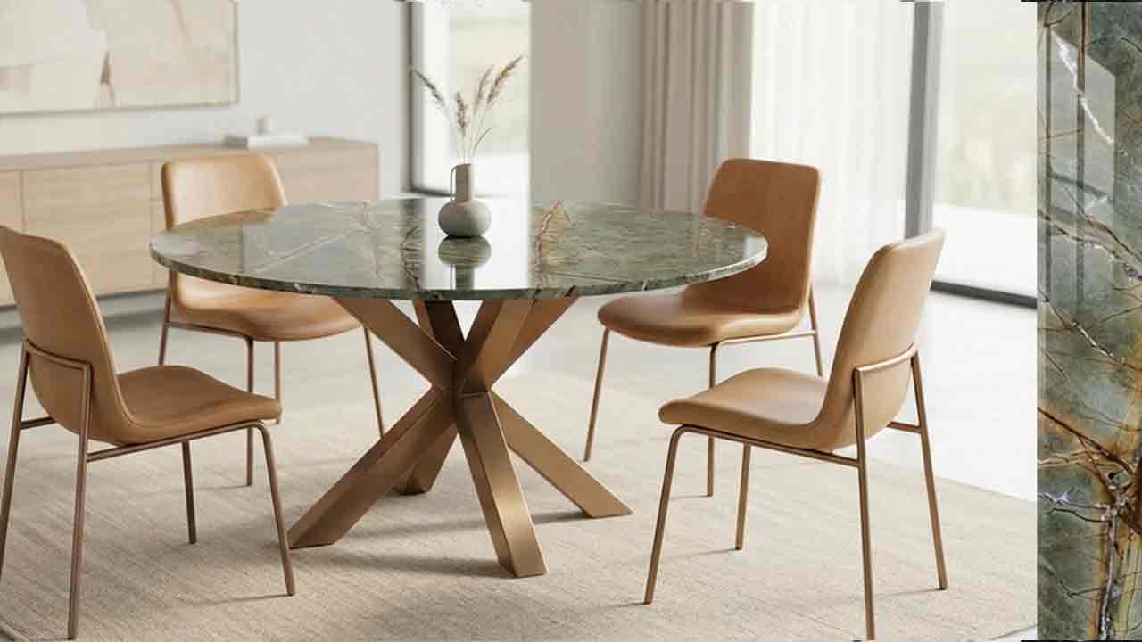 Runder Esstisch Rondo aus Marmor Rainforest Green mit grün schimmernder Natursteinplatte und braunen Adern. Maßgefertigter Design-Esstisch bis 160 cm Durchmesser mit Holz-, Edelstahl- oder RAL-Gestell online konfigurieren.