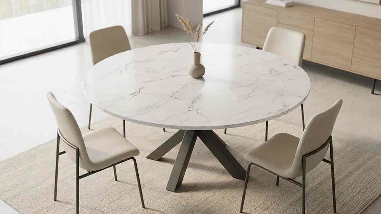 Runder Dekton-Esstisch Rondo nach Maß – hochwertige Keramikplatte in glänzender oder matter Ausführung, Wunschgröße und Gestell in Ihrer RAL-Wunschfarbe.