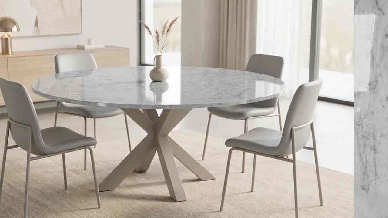 Runder Esstisch Rondo mit Bianco Carrara Marmor in Weiß mit feinen grauen Adern online konfigurieren