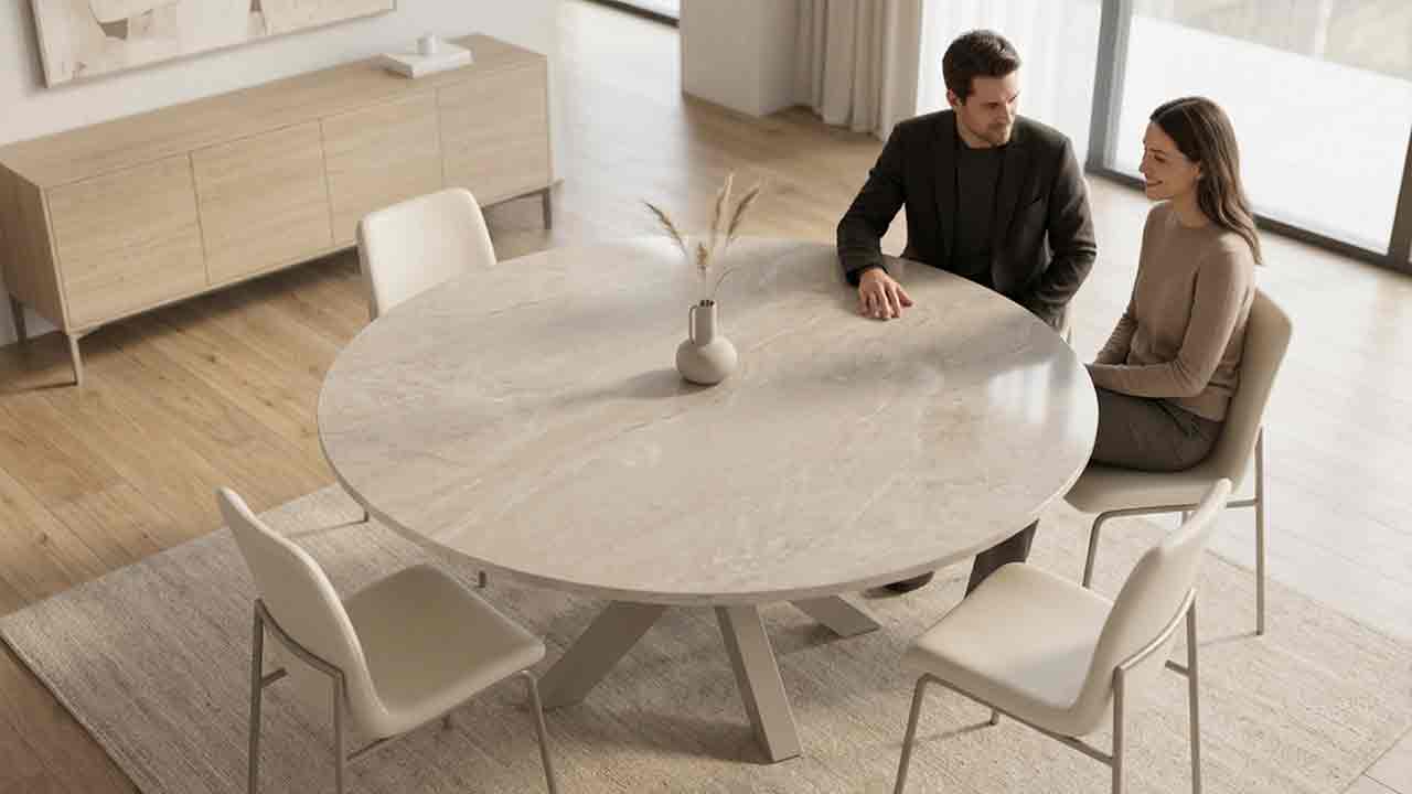 Runder Esstisch Rondo mit Dekton-Tischplatte – Maßanfertigung mit über 20 Dekton-Farben, glänzend oder matt, Gestell in jeder RAL-Farbe erhältlich.