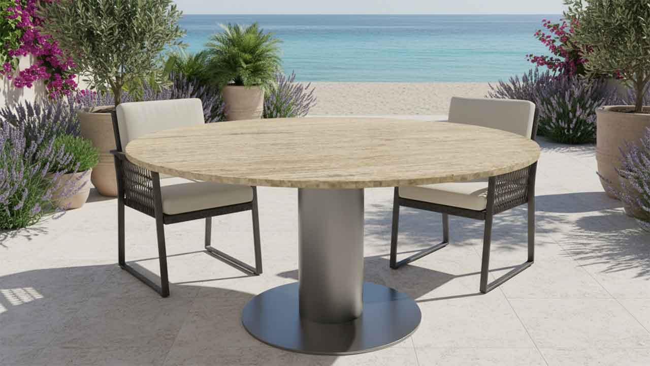 Moderner Outdoor-Tisch Circum mit hochwertigem Edelstahl-Gestell oder farbiger Pulverbeschichtung – wetterfest und langlebig.