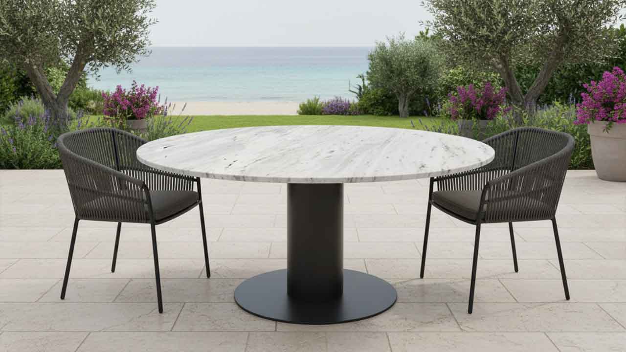 Exklusiver Gartentisch Circum von Collection Rompf – Handgefertigte Steinplatte nach Kundenwunsch für stilvolles Outdoor-Ambiente.