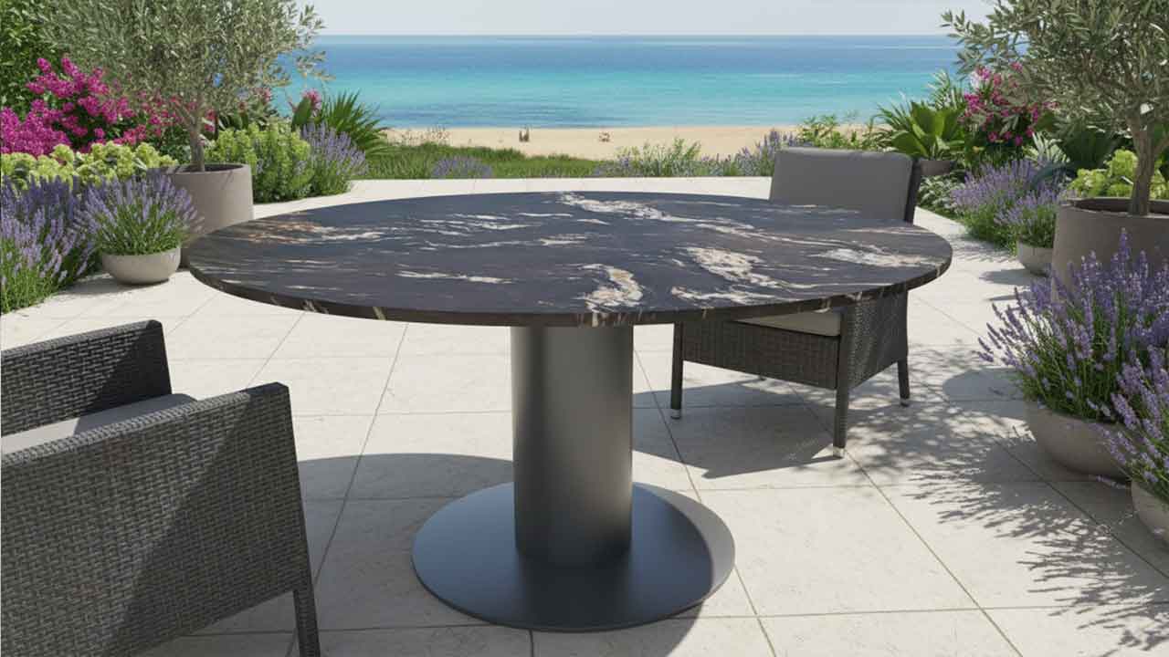 Wetterfester Gartentisch Circum mit runder Natursteinplatte – Individuell konfigurierbar aus über 20 Steinsorten aus Granit.