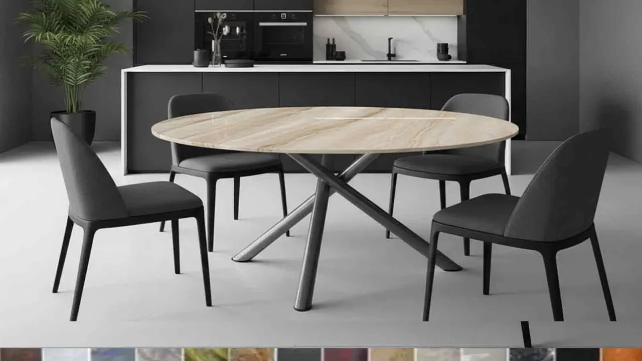 Runder Tisch Mikado: Modernes Gestell, handgefertigt und konfigurierbar in über 40 Marmor- und Granitfarben.