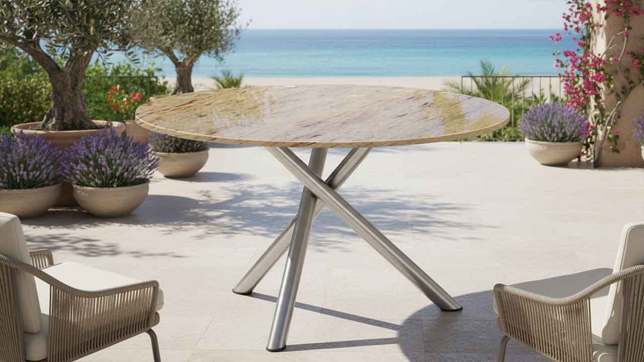 Runder Gartentisch Mikado mit bege braner Granitplatte Wetterfest gestell und Größe online konfigurieren
