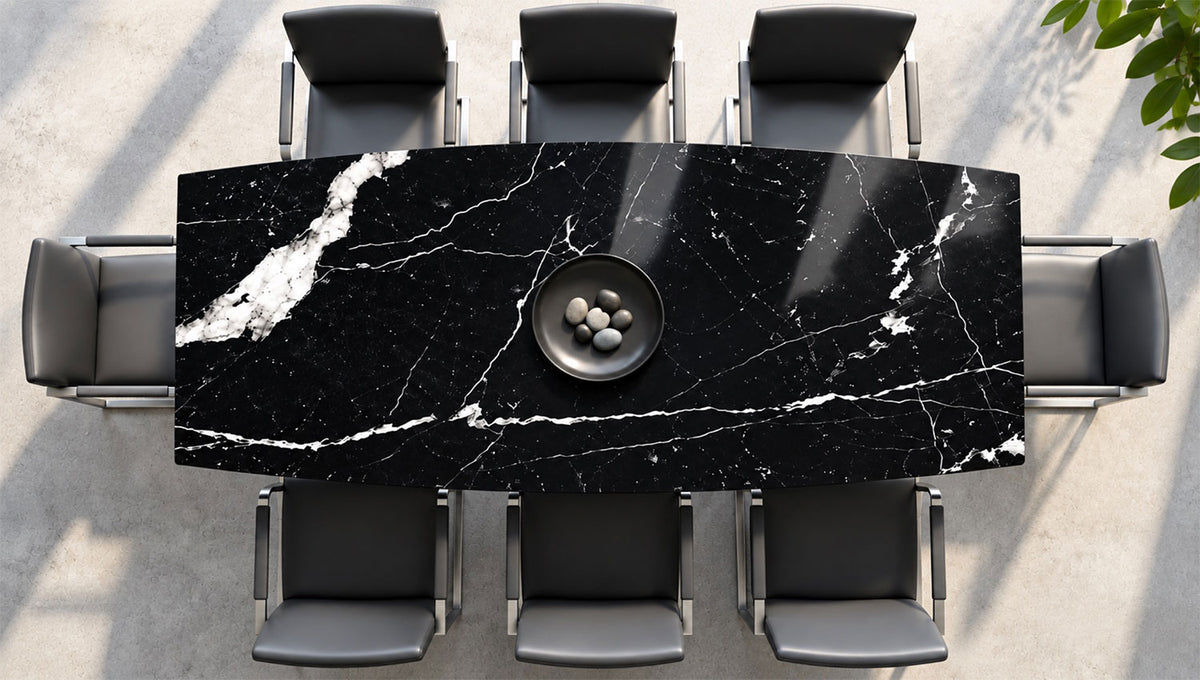 TERRA Esstisch aus schwarzem Nero Marquina Marmor mit weißer Maserung – online nach Maß konfigurieren