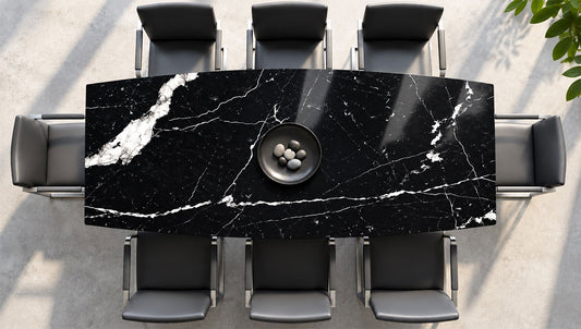 TERRA Esstisch aus schwarzem Nero Marquina Marmor mit weißer Maserung – online nach Maß konfigurieren