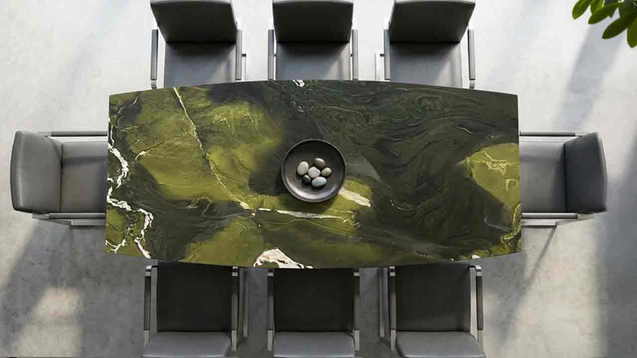 Terra Esstisch in Bootsform mit Avocatus Steinplatte Granit aus Brasilien in hellgrünen bis dunkelgrünen Farbtönen mit weißen Strukturen, pflegeleicht, kratzfest, optischer Blickfang, online nach Wunschmaß bis 300 cm konfigurieren.