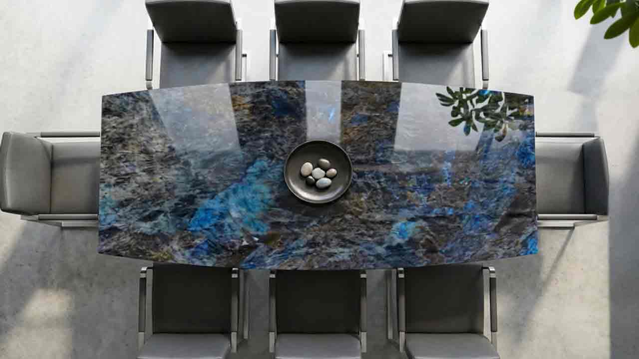 Terra Esstisch in Bootsform mit Labradorite Lemurian Granit aus Madagaskar, tiefblaue Labradorit-Einschlüsse mit außergewöhnlicher Tiefenwirkung, exklusiver Naturstein und zeitloses Unikat.