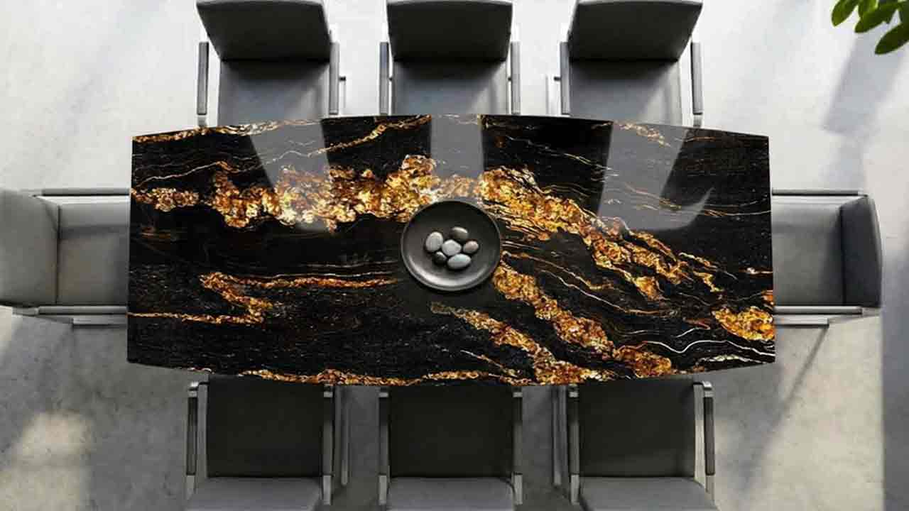 Terra Esstisch in Bootsform mit Magna Black Gold Steinplatte Granit in tiefschwarzer Farbgebung mit exklusiven goldenen Wolkungen und markanter Natursteinstruktur, luxuriöser Blickfang und zeitloses Naturstein-Unikat.