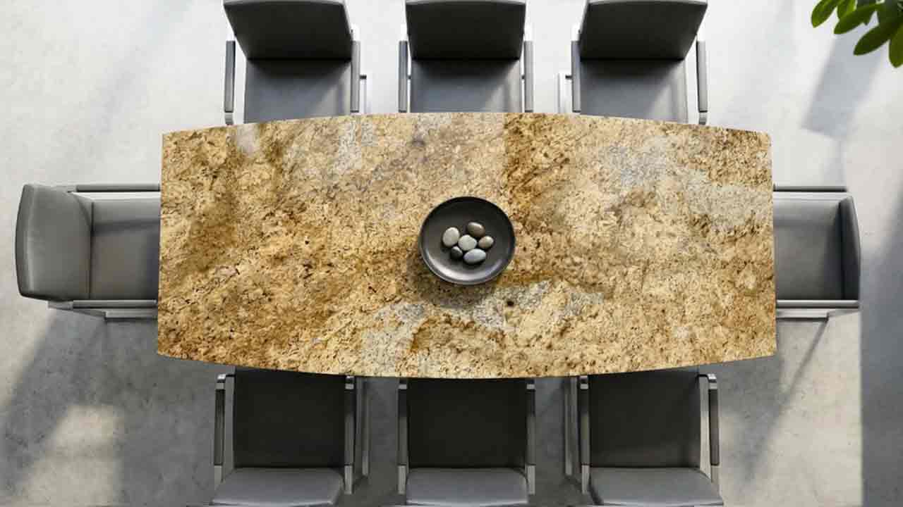 Terra Esstisch mit Madura Gold Steinplatte Granit in goldgelben Farbtönen mit anthrazitfarbenen Wolkungen, pflegeleicht, robuster Naturstein und eleganter Blickfang.