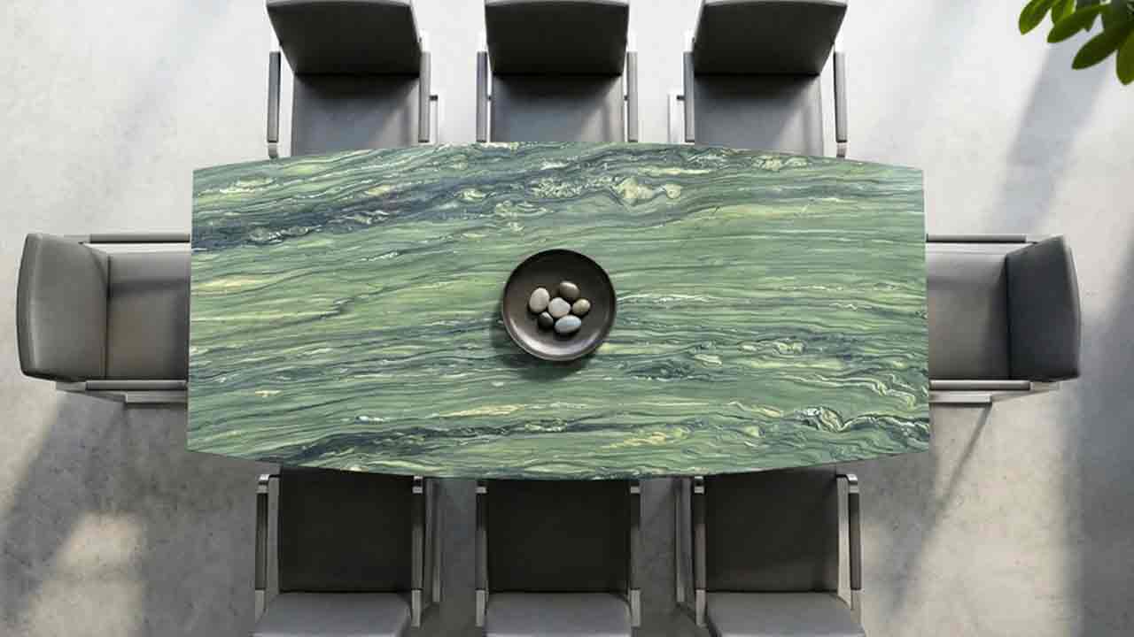 Terra Esstisch mit geschwungener Kante und Verde Dorato Steinplatte Granit aus Brasilien mit grünen Nuancen, dunklen Bänderungen und markanten Adern, außergewöhnlicher Naturstein, zeitloses Unikat nach Originalfoto auswählbar.