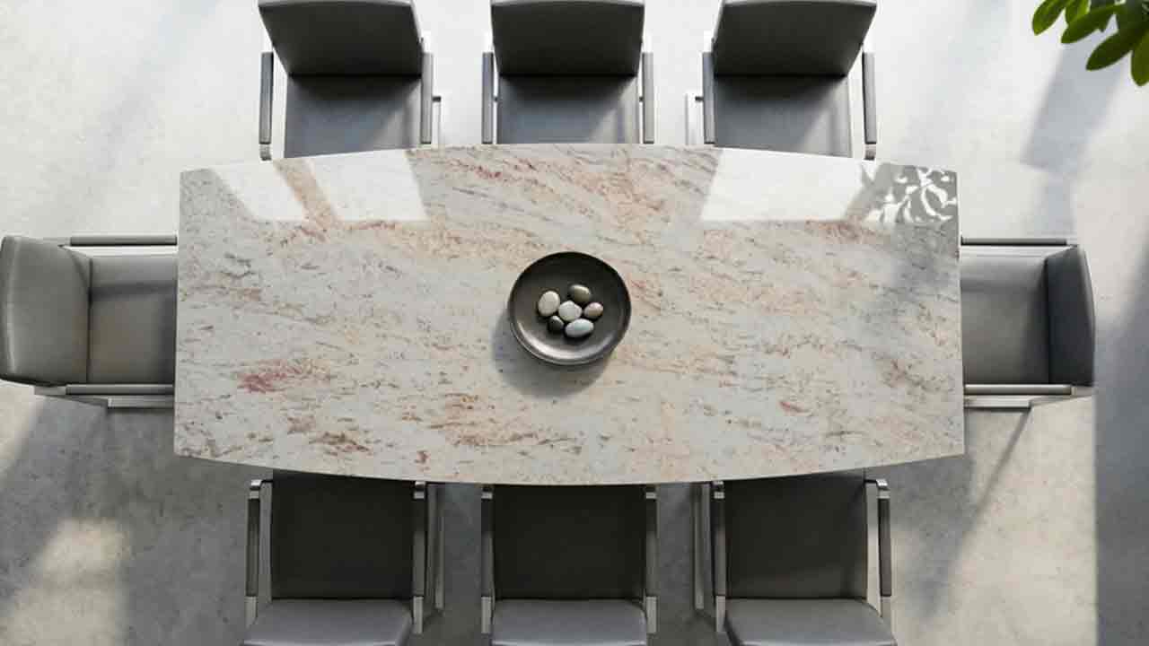Terra Esstisch mit Ivory Cream Steinplatte Granit in changierenden Creme- und Beigetönen, elegante Natursteinstruktur, pflegeleicht und individuell gefertigt.