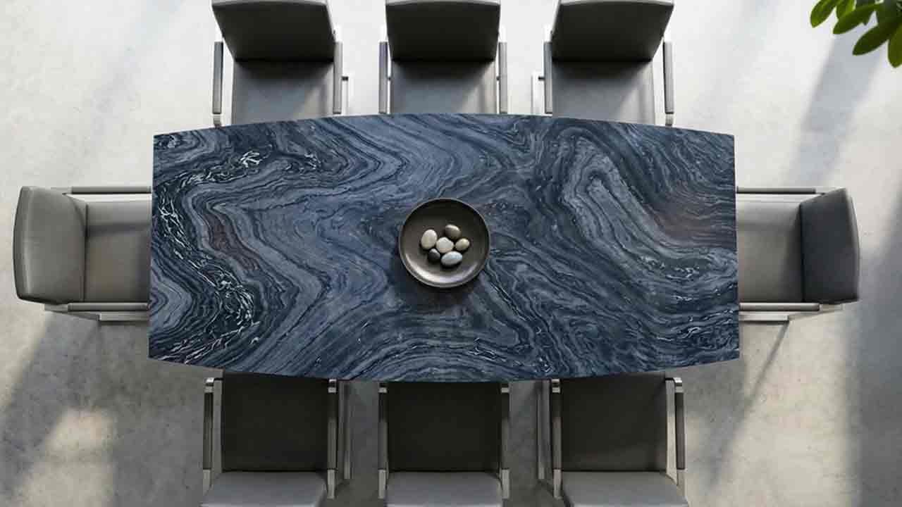 Terra Marmor Esstisch mit Silver Blue Wave – Steinplatte Marmor mit Wellenstruktur
