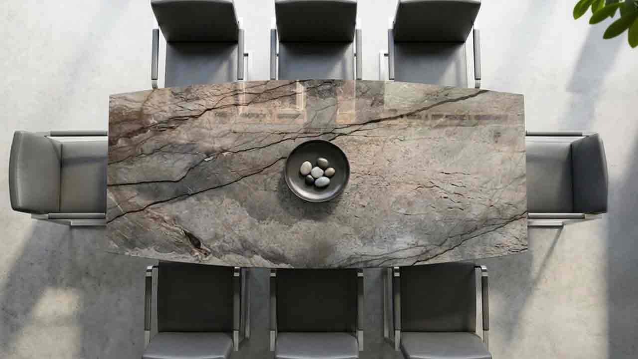 Terra Marmor Esstisch in Bootsform mit Silver Roots Marmor in grau-grün changierenden Farbtönen und dunklen Adern, außergewöhnliches Natursteinunikat, online konfigurieren bis 300 cm Länge.