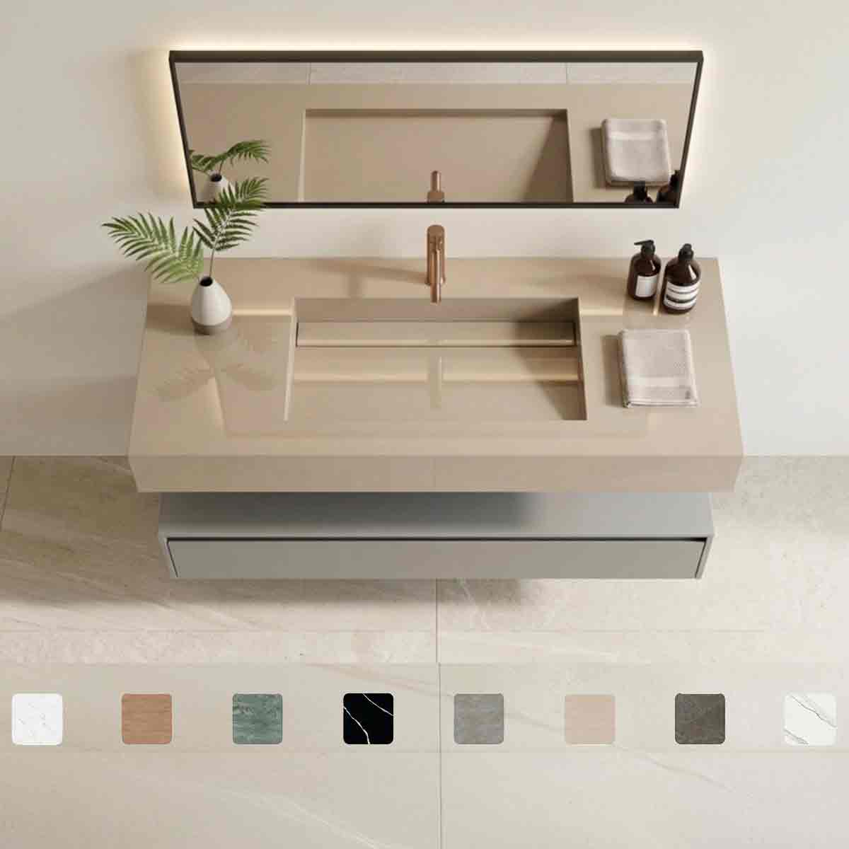 Design-Waschtisch Simplicity Duna aus Dekton-Keramik mit Waschbecken mit Ablage, beige-brauner Oberfläche in glänzender oder matter Ausführung, fugenlos integriertem Monobecken und Maßanfertigung bis 250 cm.
