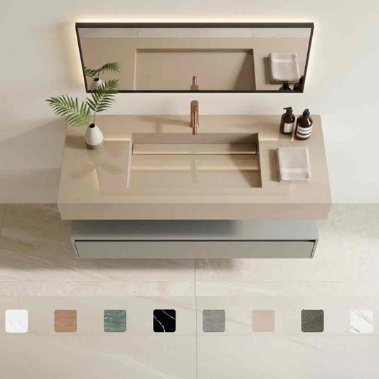 Design-Waschtisch Simplicity Duna aus Dekton-Keramik mit Waschbecken mit Ablage, beige-brauner Oberfläche in glänzender oder matter Ausführung, fugenlos integriertem Monobecken und Maßanfertigung bis 250 cm.