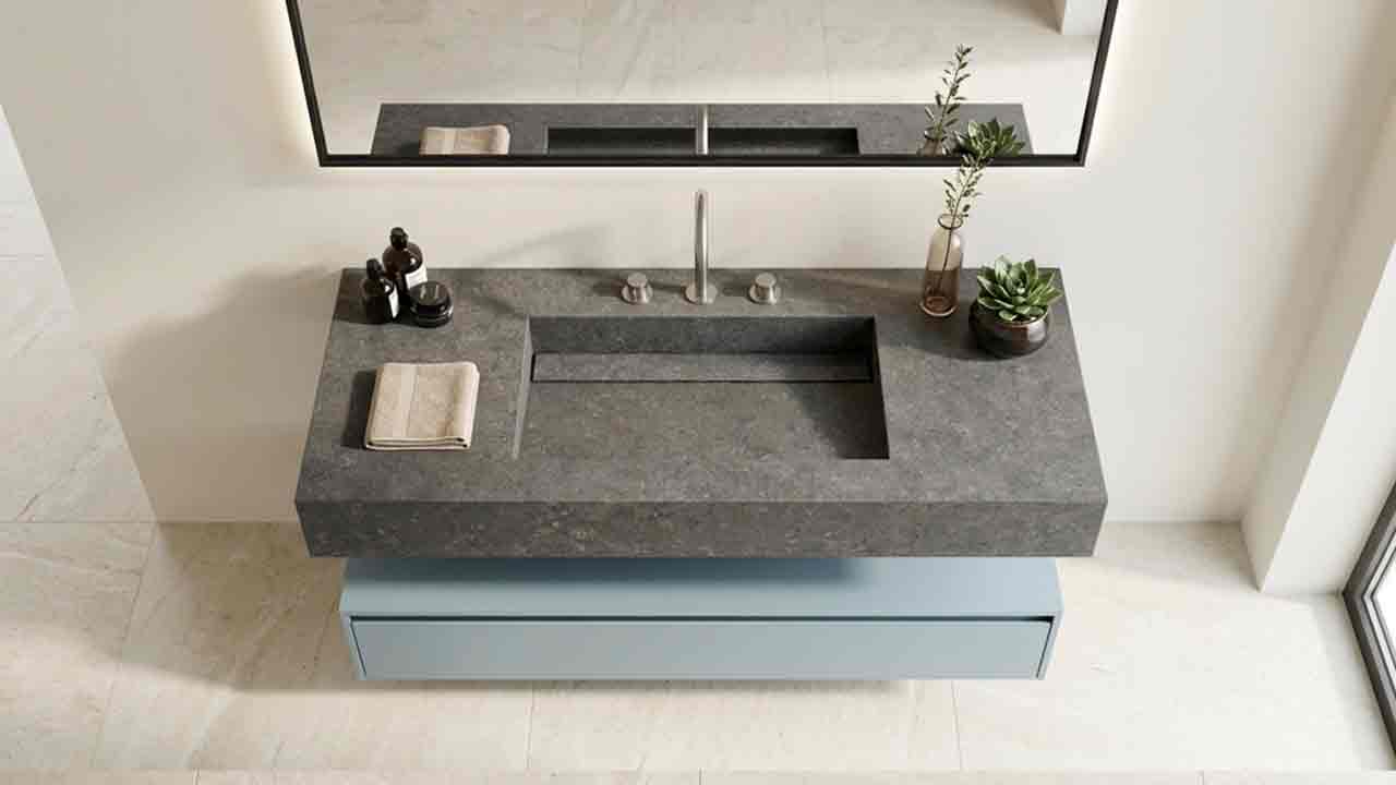Wandhängender Design-Waschtisch Simplicity aus Dekton-Keramik Grafite - Grafit farbemit fugenlos integriertem Monobecken aus derselben Keramik. Maßanfertigung von 90 bis 250 cm, online konfigurieren, 25 Jahre Dekton-Garantie.