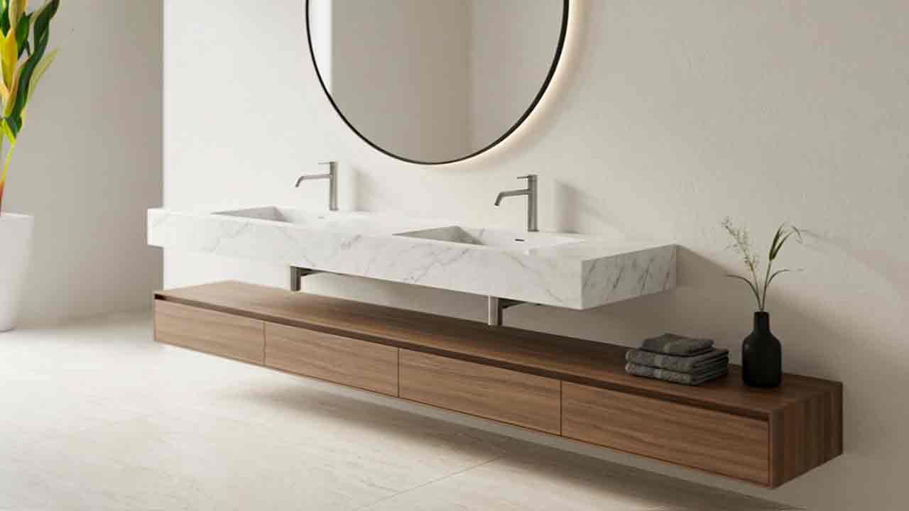 Wandhängender Design-Waschtisch Simplicity aus Dekton-Keramik Kairos mit Doppelwaschbecken  mit fugenlos integriertem Monobecken aus derselben Keramik. Maßanfertigung von 90 bis 250 cm, online konfigurieren, 25 Jahre Dekton-Garantie.