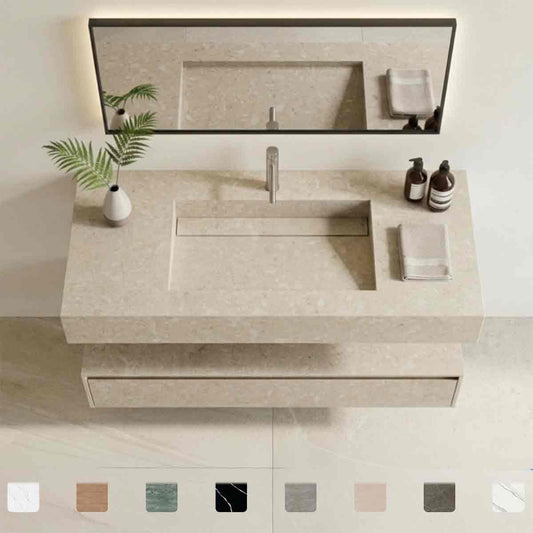 Waschtisch Simplicity Ava aus Dekton-Keramik in cremebeiger Natursteinoptik mit fugenlos integriertem Monobecken und Waschbecken mit Ablage, Maßanfertigung bis 250 cm, online konfigurieren.