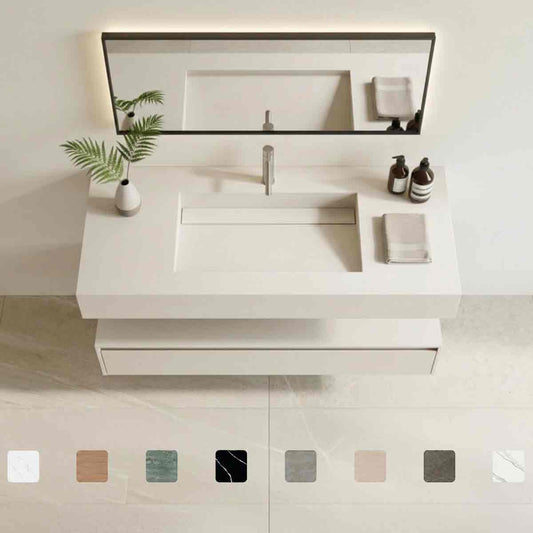 Wandhängender Waschtisch Simplicity Lunar aus Dekton-Keramik in cremebeiger Natursteinoptik mit fugenlos integriertem Monobecken, Maßanfertigung bis 250 cm, online konfigurieren.