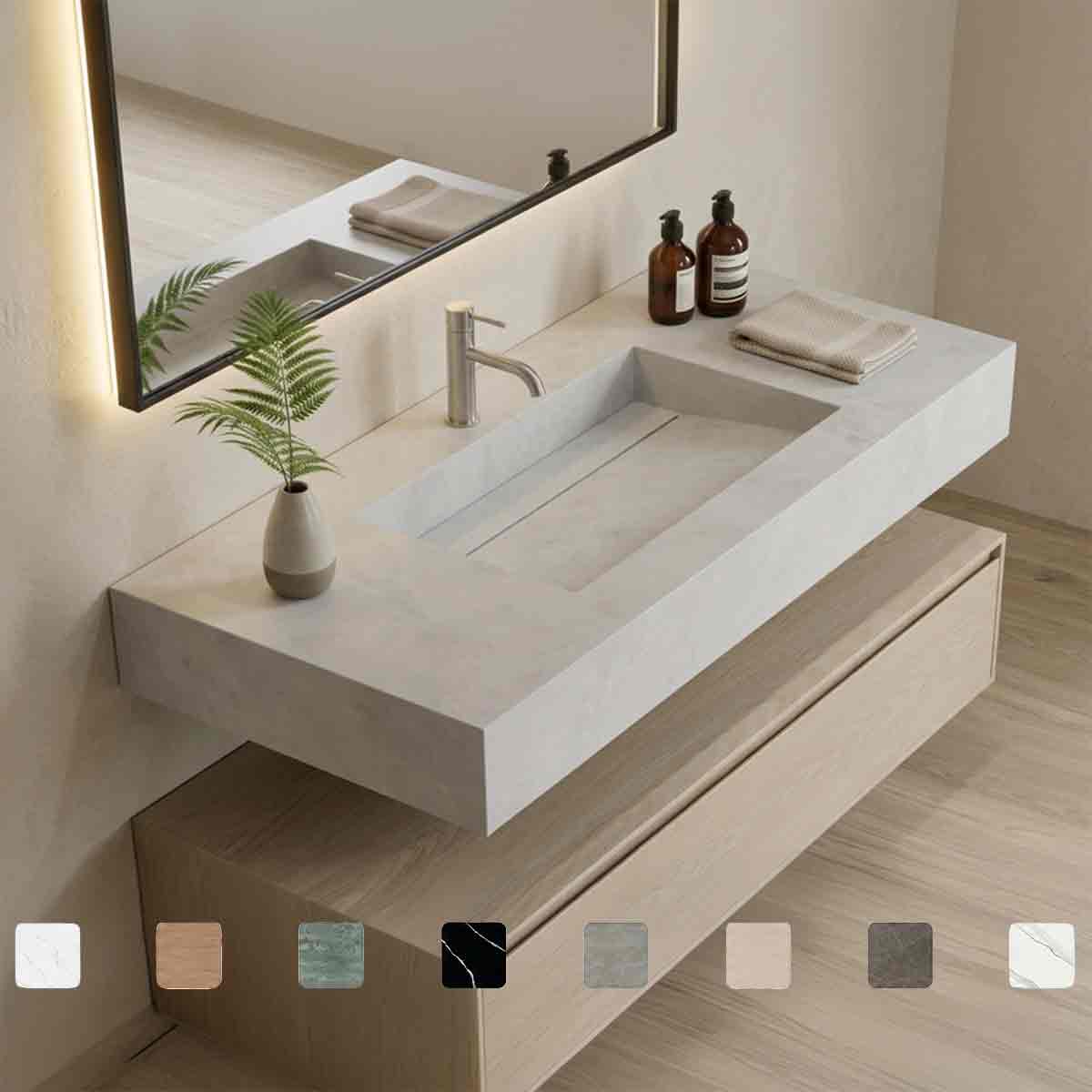 Wandhängender Design-Keramik-Waschtisch nach Maß mit fugenlos integriertem Monobecken aus Dekton-Keramik, optional als Doppelwaschtisch, online konfigurieren bis 250 cm.