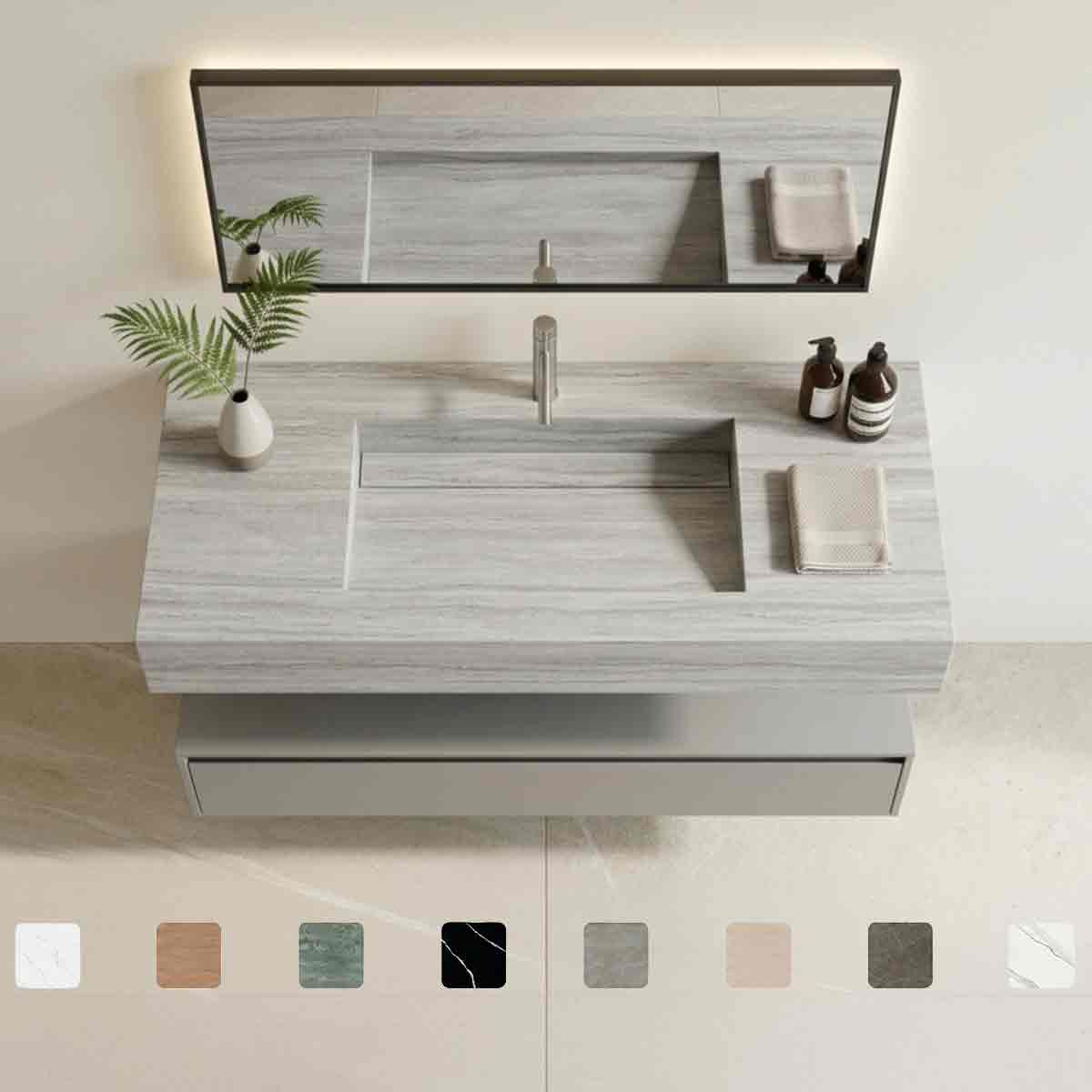 Wandhängender Waschtisch Simplicity aus Dekton Keramik Trevi in Travertin-Optik mit fugenlos integriertem Monobecken, Maßanfertigung bis 250 cm, online konfigurieren.