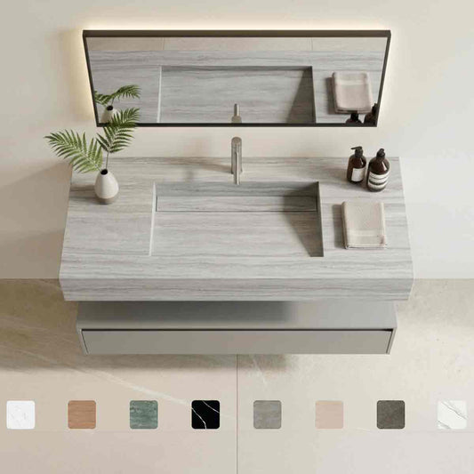 Wandhängender Waschtisch Simplicity aus Dekton Keramik Trevi in Travertin-Optik mit fugenlos integriertem Monobecken, Maßanfertigung bis 250 cm, online konfigurieren.