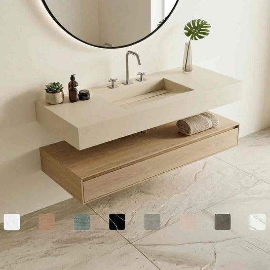 Design-Waschtisch Simplicity Danae aus cremefarbener Dekton-Keramik mit zarten Lachsnuancen, Waschbecken mit Ablage, fugenlos integriertem Monobecken und Maßanfertigung bis 250 cm.