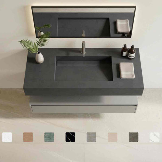 Design-Waschtisch Simplicity Eter aus schwarzer Dekton-Keramik mit Waschbecken mit Ablage, fugenlos integriertem Monobecken, matter oder glänzender Oberfläche und Maßanfertigung bis 250 cm.