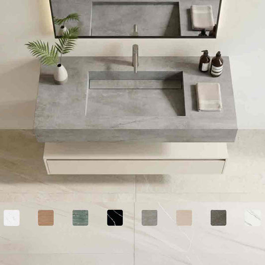 Design-Waschtisch Simplicity Soke aus grau changierender Dekton-Keramik mit Waschbecken mit Ablage, fugenlos integriertem Monobecken, pflegeleicht, robust und nach Maß bis 250 cm gefertigt.