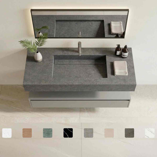 Design-Waschtisch Simplicity Grafite aus anthrazitgrauer Dekton-Keramik mit Waschbecken mit Ablage, fugenlos integriertem Monobecken, matter oder glänzender Oberfläche und Maßanfertigung bis 250 cm.